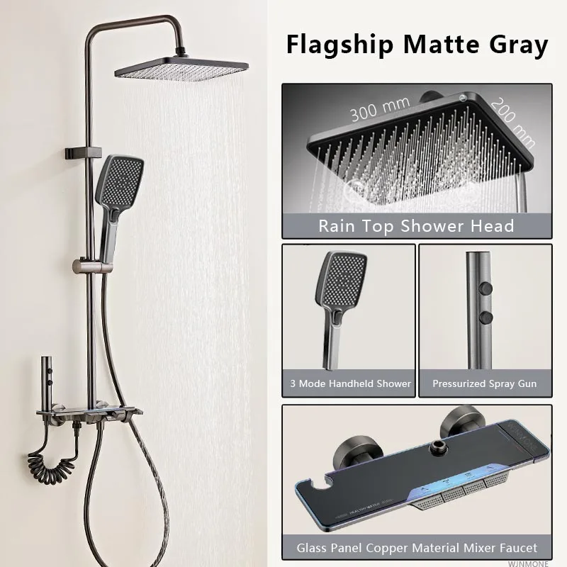 High Quality Shower System Sets Smart Bathroom Temperature Brass Glass Panel Shower Faucet 4 Modes Bathtub Rain Mixer Shower Set