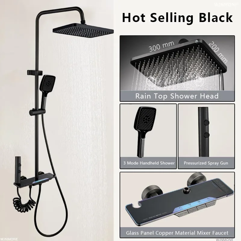 High Quality Shower System Sets Smart Bathroom Temperature Brass Glass Panel Shower Faucet 4 Modes Bathtub Rain Mixer Shower Set