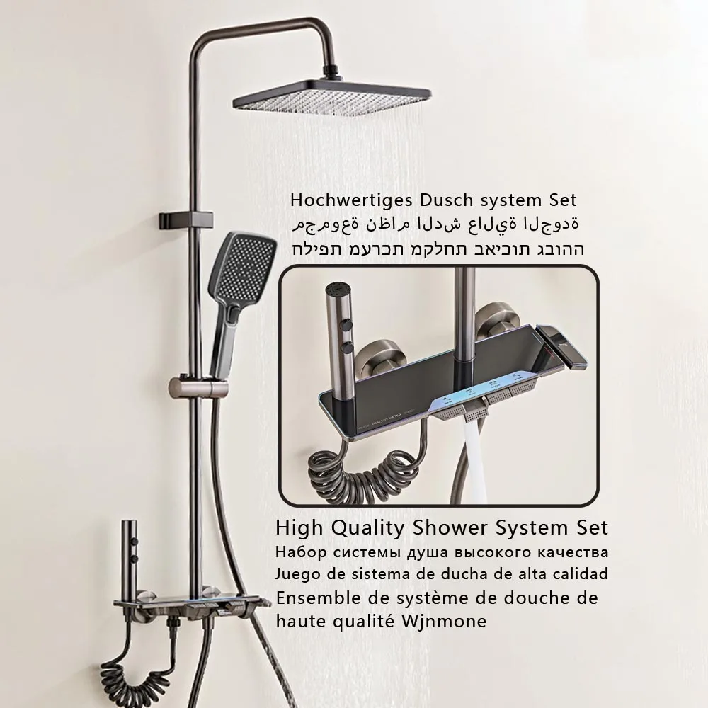 High Quality Shower System Sets Smart Bathroom Temperature Brass Glass Panel Shower Faucet 4 Modes Bathtub Rain Mixer Shower Set