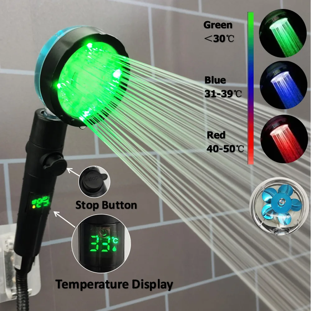 LED Digital Temperature Display Pressurized Shower Head With Fan Colorful High Pressure Large Flow One-Key Stop Handheld Shower LED Digital Temperature Display Pressurized Shower Head With Fan Colorful High Pressure Large Flow One-Key Stop Handheld Shower