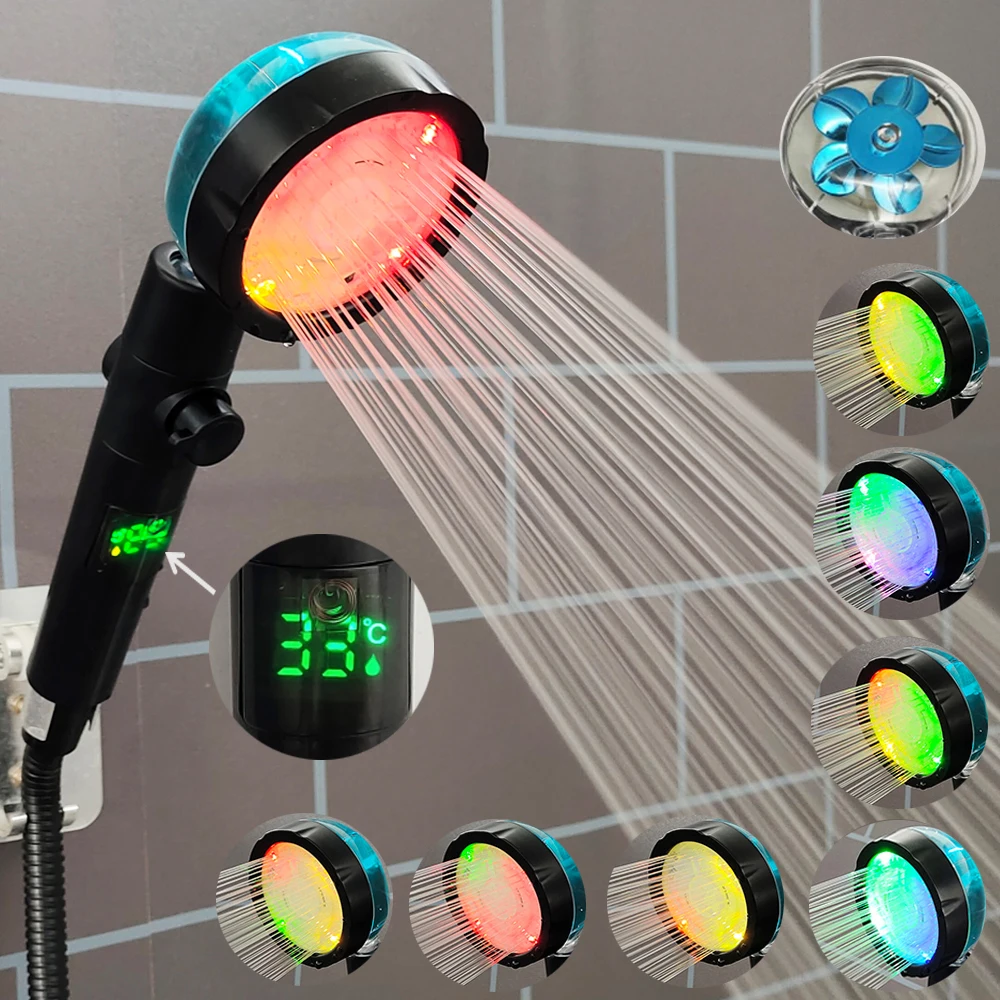 LED Digital Temperature Display Pressurized Shower Head With Fan Colorful High Pressure Large Flow One-Key Stop Handheld Shower LED Digital Temperature Display Pressurized Shower Head With Fan Colorful High Pressure Large Flow One-Key Stop Handheld Shower
