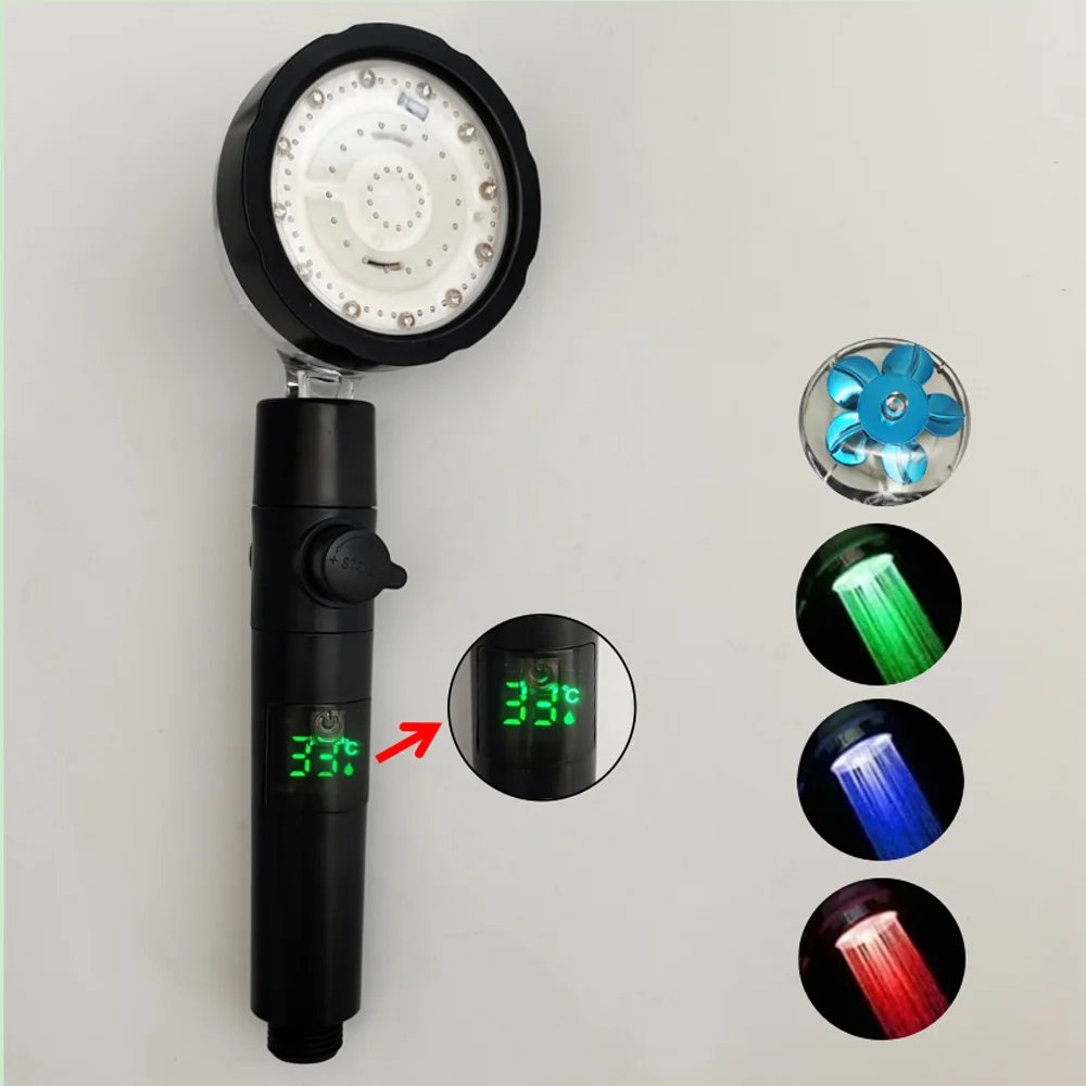 LED Digital Temperature Display Pressurized Shower Head With Fan Colorful High Pressure Large Flow One-Key Stop Handheld Shower LED Digital Temperature Display Pressurized Shower Head With Fan Colorful High Pressure Large Flow One-Key Stop Handheld Shower