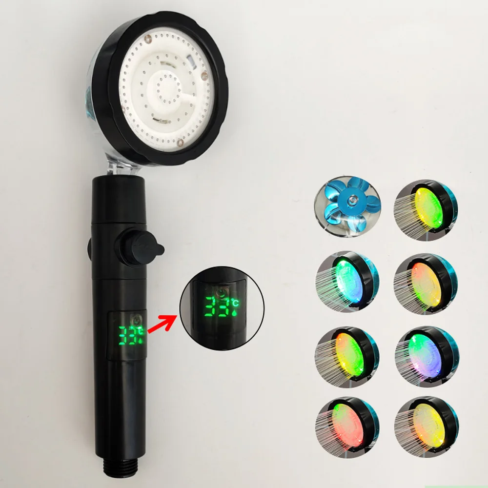LED Digital Temperature Display Pressurized Shower Head With Fan Colorful High Pressure Large Flow One-Key Stop Handheld Shower LED Digital Temperature Display Pressurized Shower Head With Fan Colorful High Pressure Large Flow One-Key Stop Handheld Shower