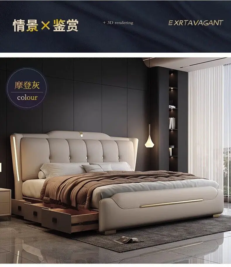 Luxury King Size Bed Double Frame Wooden Beauty Leather Safe Sleeping Bed European Design Letto Matrimoniale Trendy Furniture