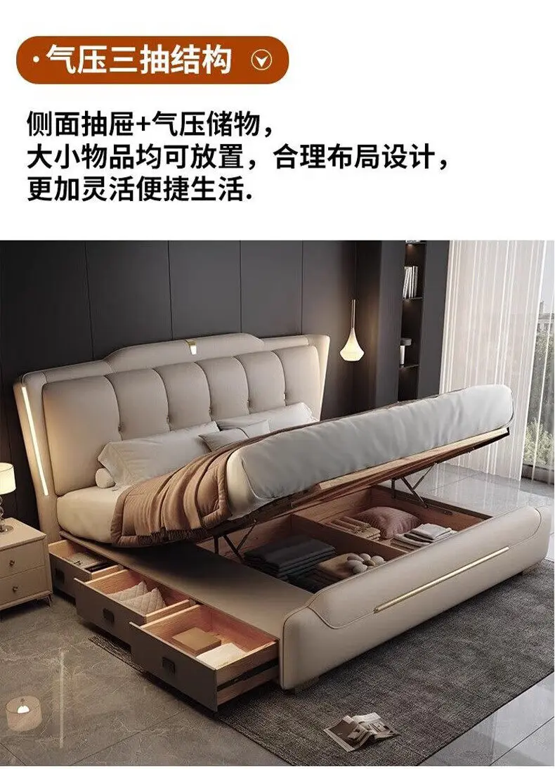 Luxury King Size Bed Double Frame Wooden Beauty Leather Safe Sleeping Bed European Design Letto Matrimoniale Trendy Furniture