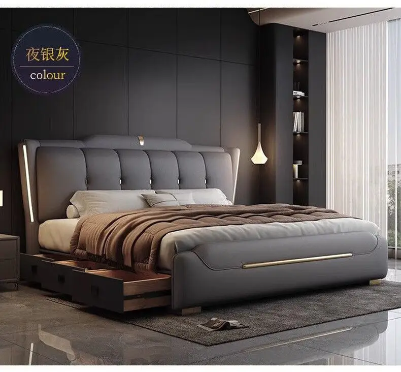 Luxury King Size Bed Double Frame Wooden Beauty Leather Safe Sleeping Bed European Design Letto Matrimoniale Trendy Furniture