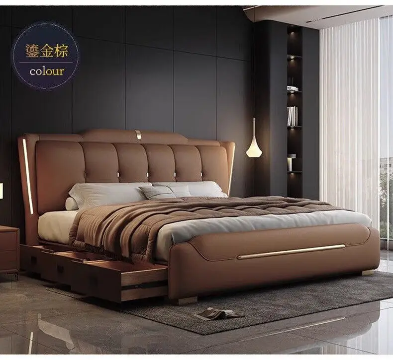 Luxury King Size Bed Double Frame Wooden Beauty Leather Safe Sleeping Bed European Design Letto Matrimoniale Trendy Furniture