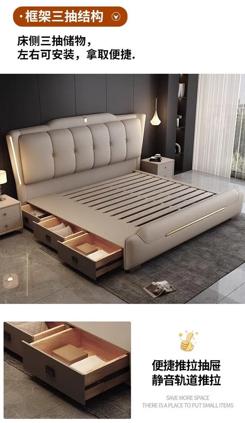 Luxury King Size Bed Double Frame Wooden Beauty Leather Safe Sleeping Bed European Design Letto Matrimoniale Trendy Furniture