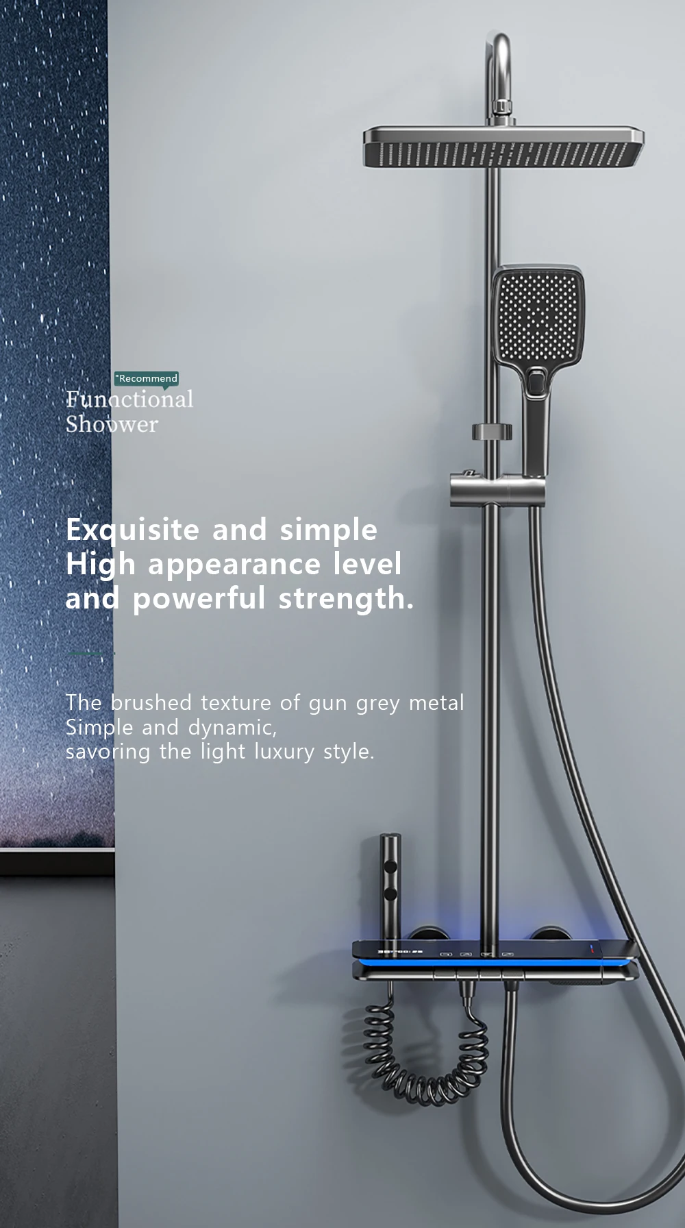 Matte Gray Waterfall Shower System Glass Panel Rainfall Mixer Shower Set Intelligent Digital Display Showers Faucet for Bathroom