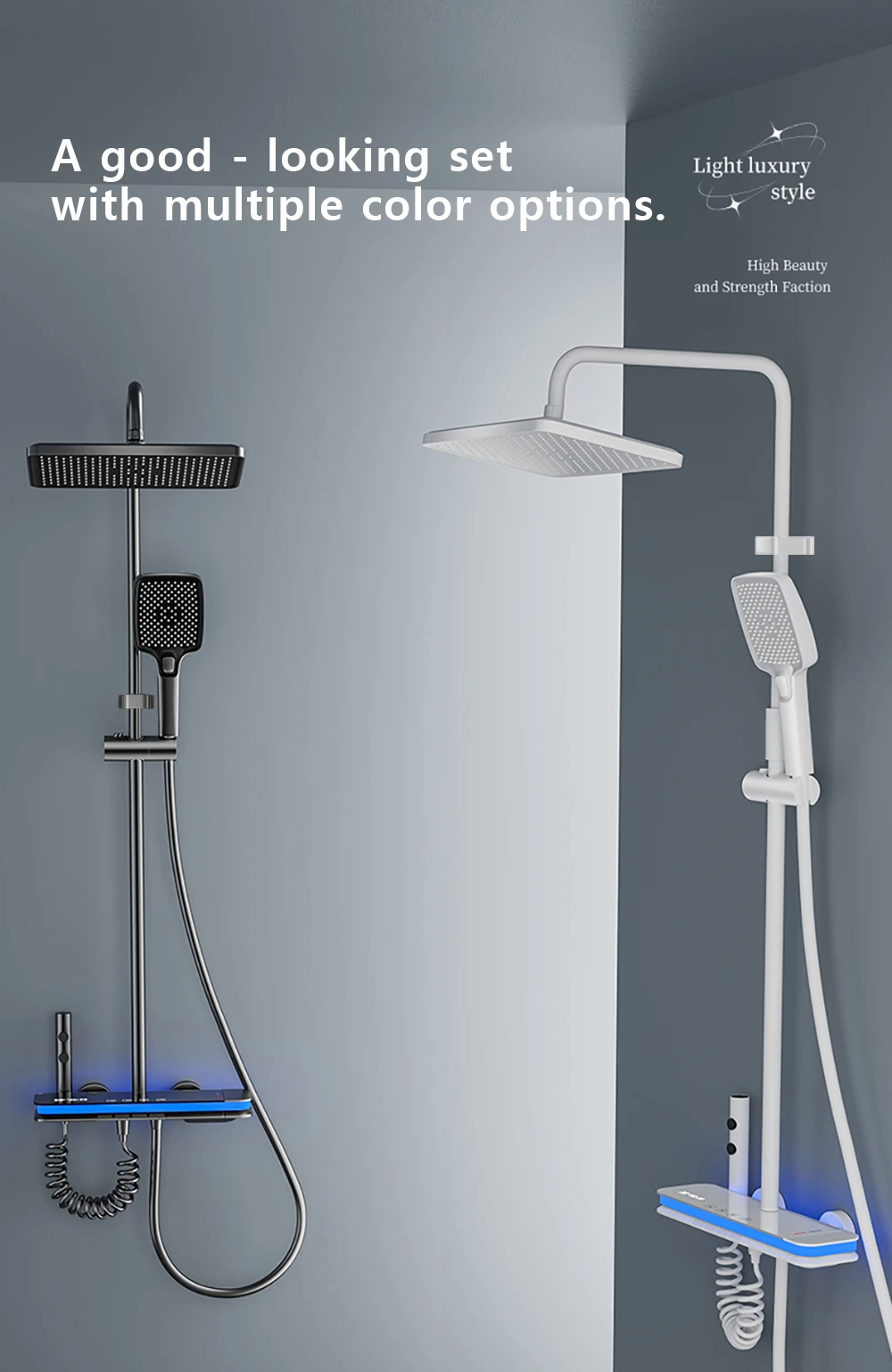 Matte Gray Waterfall Shower System Glass Panel Rainfall Mixer Shower Set Intelligent Digital Display Showers Faucet for Bathroom
