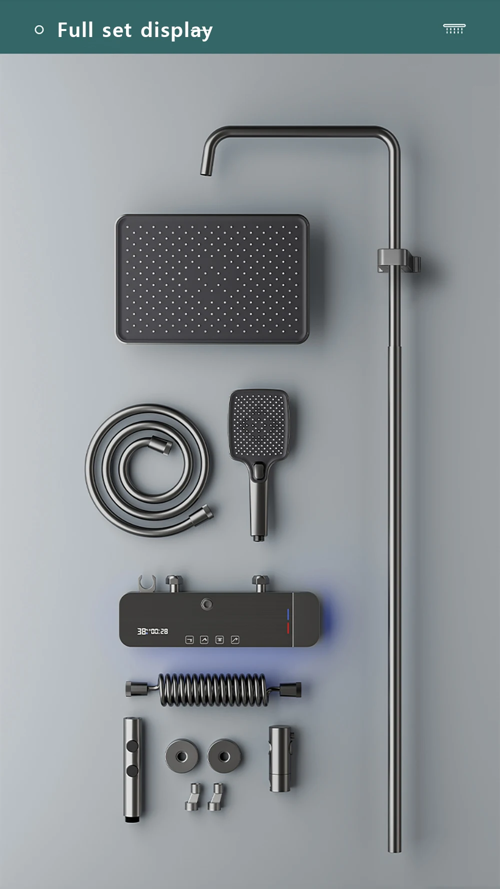 Matte Gray Waterfall Shower System Glass Panel Rainfall Mixer Shower Set Intelligent Digital Display Showers Faucet for Bathroom