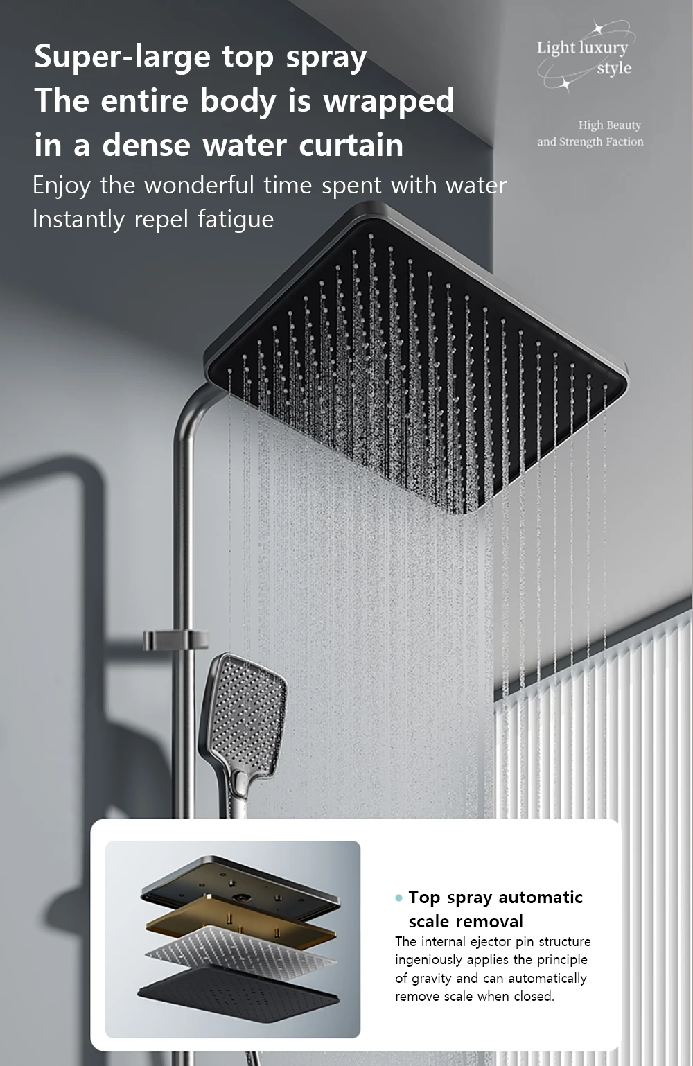 Matte Gray Waterfall Shower System Glass Panel Rainfall Mixer Shower Set Intelligent Digital Display Showers Faucet for Bathroom