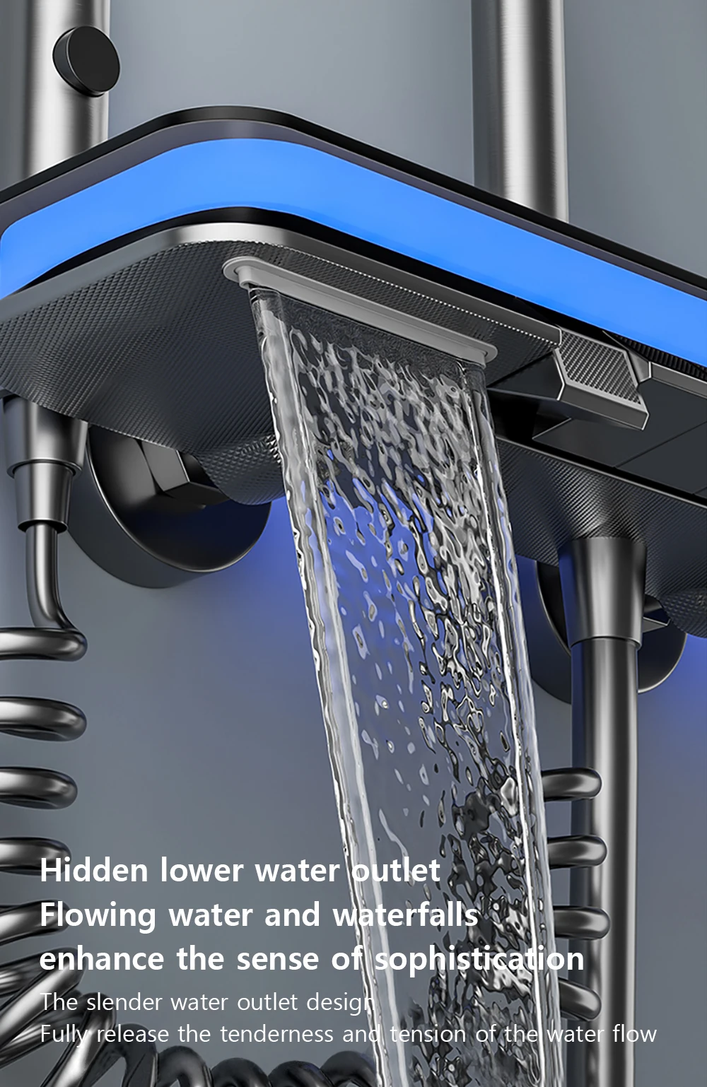 Matte Gray Waterfall Shower System Glass Panel Rainfall Mixer Shower Set Intelligent Digital Display Showers Faucet for Bathroom