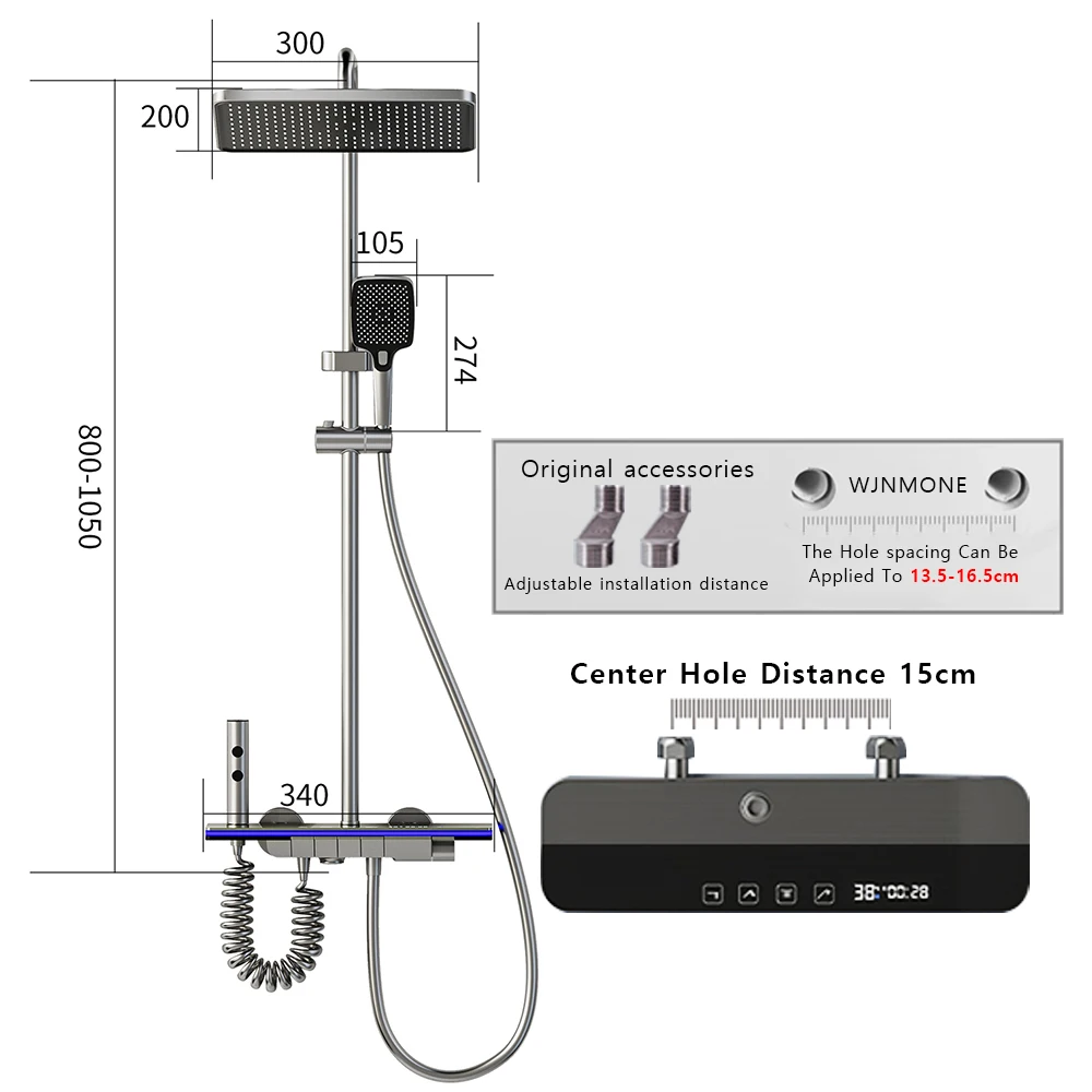 Modern Bathroom Faucet Set Wall Mounted LED Display Rain Shower System Bathtub Hot and Cold Mixer Crane Gun Gray Shower Full Set