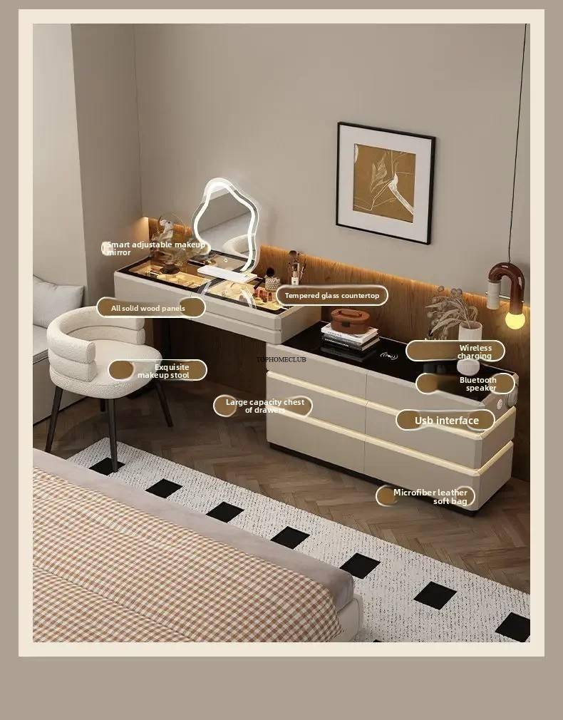 Modern Dressing Table Vanity Desk with Wireless Charging Station Bluetooth Speaker Glass Top Lighted Mirror with 8 Drawers Side