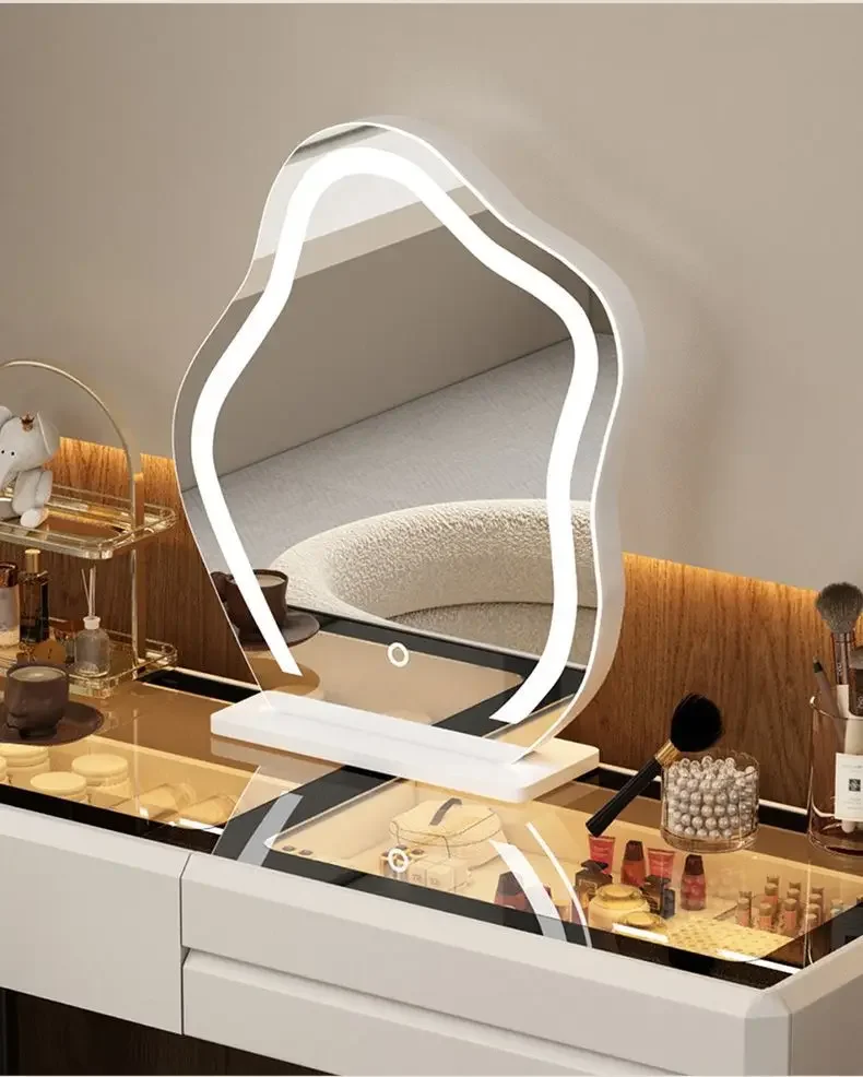 Modern Dressing Table Vanity Desk with Wireless Charging Station Bluetooth Speaker Glass Top Lighted Mirror with 8 Drawers Side