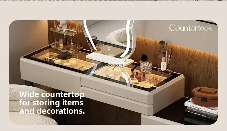 Modern Dressing Table Vanity Desk with Wireless Charging Station Bluetooth Speaker Glass Top Lighted Mirror with 8 Drawers Side