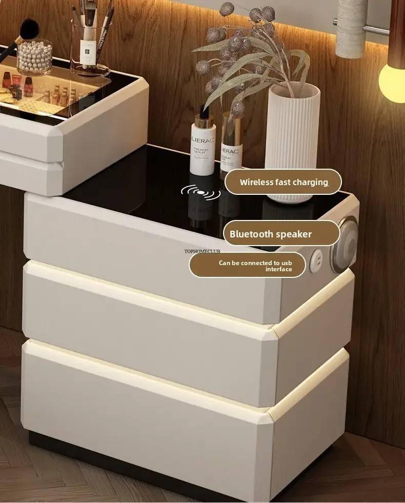 Modern Dressing Table Vanity Desk with Wireless Charging Station Bluetooth Speaker Glass Top Lighted Mirror with 8 Drawers Side