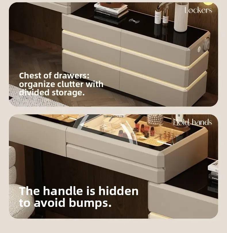 Modern Dressing Table Vanity Desk with Wireless Charging Station Bluetooth Speaker Glass Top Lighted Mirror with 8 Drawers Side