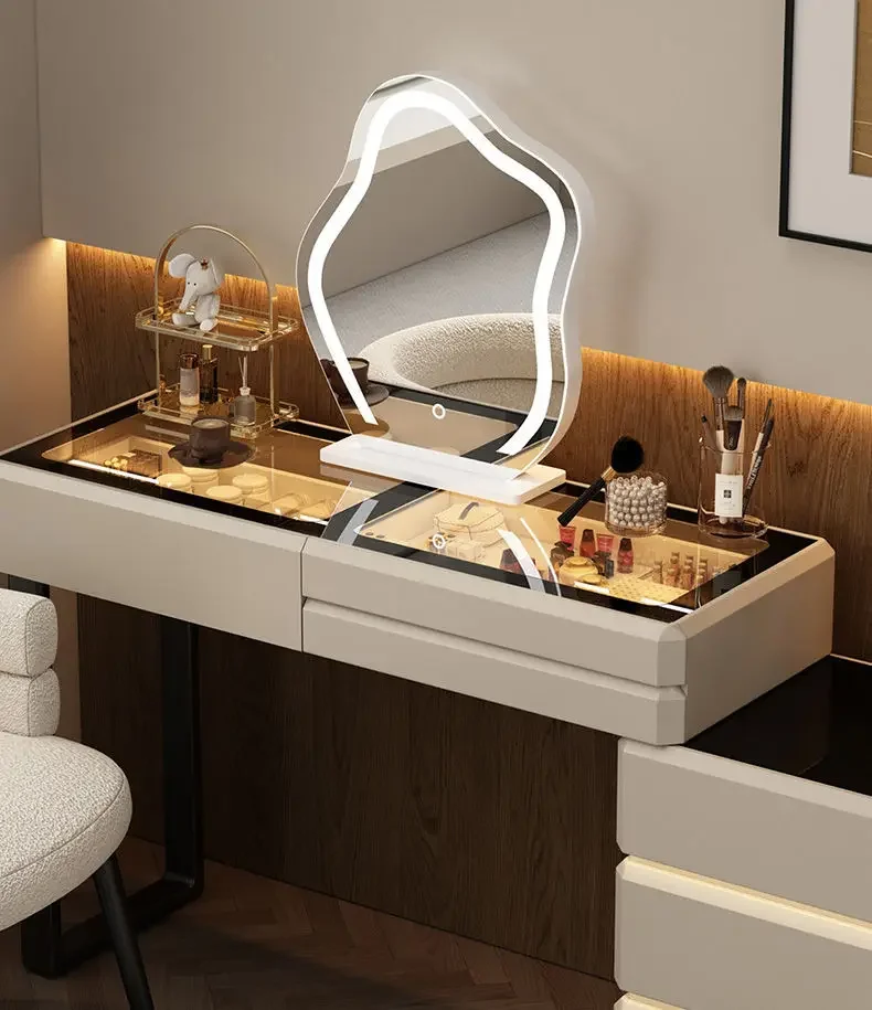Modern Dressing Table Vanity Desk with Wireless Charging Station Bluetooth Speaker Glass Top Lighted Mirror with 8 Drawers Side