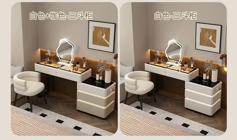 Modern Dressing Table Vanity Desk with Wireless Charging Station Bluetooth Speaker Glass Top Lighted Mirror with 8 Drawers Side