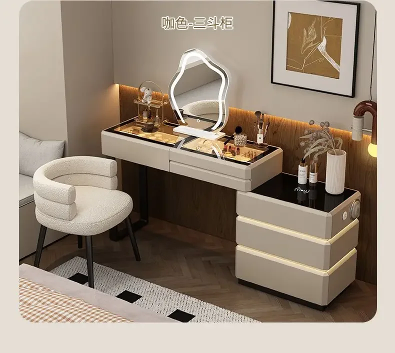 Modern Dressing Table Vanity Desk with Wireless Charging Station Bluetooth Speaker Glass Top Lighted Mirror with 8 Drawers Side