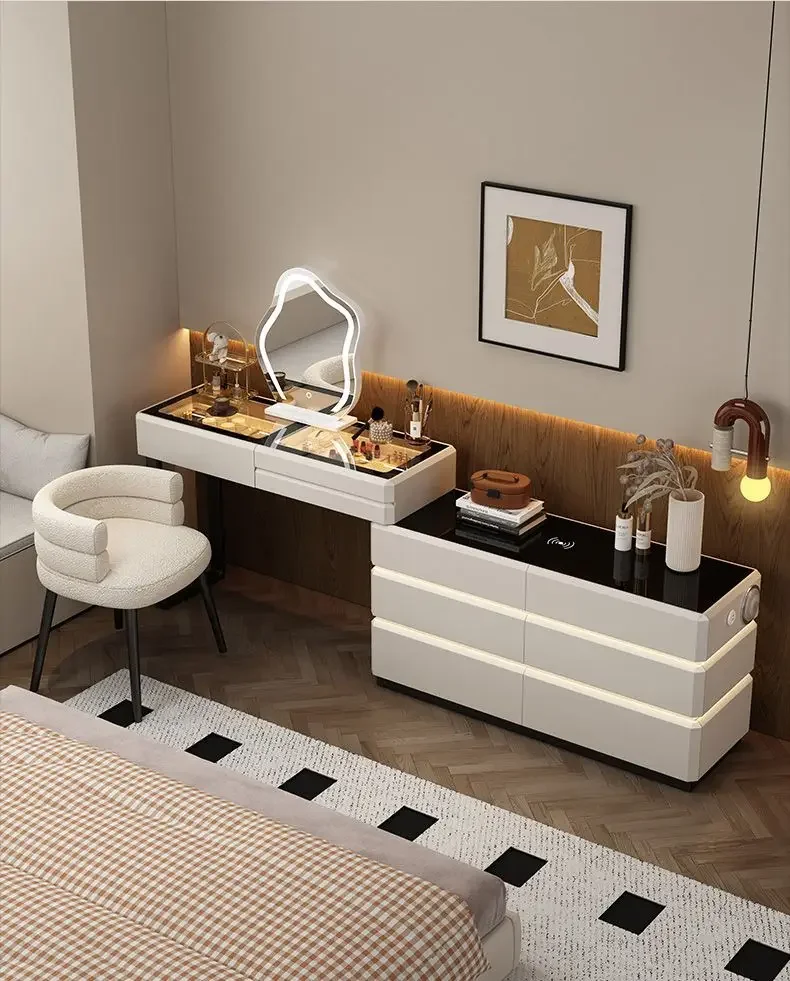 Modern Dressing Table Vanity Desk with Wireless Charging Station Bluetooth Speaker Glass Top Lighted Mirror with 8 Drawers Side