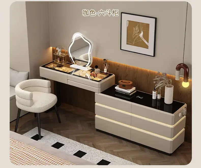 Modern Dressing Table Vanity Desk with Wireless Charging Station Bluetooth Speaker Glass Top Lighted Mirror with 8 Drawers Side