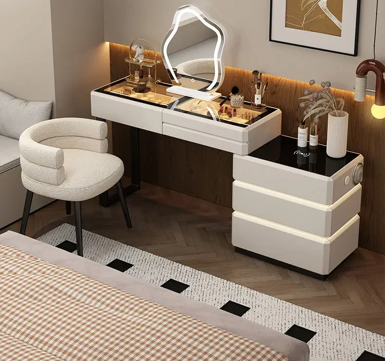 Modern Dressing Table Vanity Desk with Wireless Charging Station Bluetooth Speaker Glass Top Lighted Mirror with 8 Drawers Side