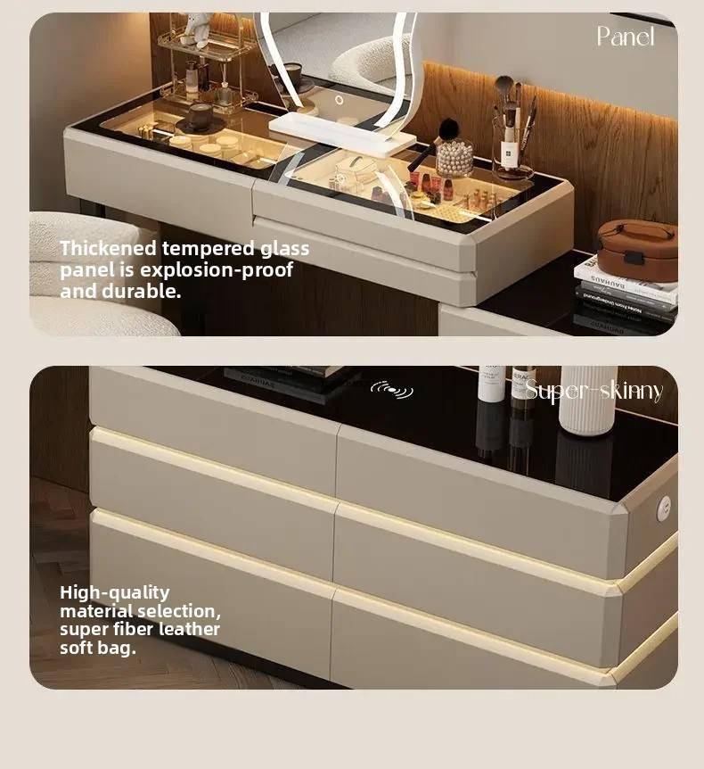 Modern Dressing Table Vanity Desk with Wireless Charging Station Bluetooth Speaker Glass Top Lighted Mirror with 8 Drawers Side