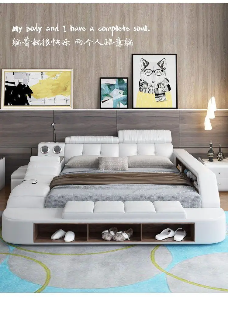 Nordic Style Double Bed Cheap Headrest Storage Full Size Double Bed Floor Massage Sleeping Letto Multifunzione Bedroom Furniture Nordic Style Double Bed Cheap Headrest Storage Full Size Double Bed Floor Massage Sleeping Letto Multifunzione Bedroom Furniture