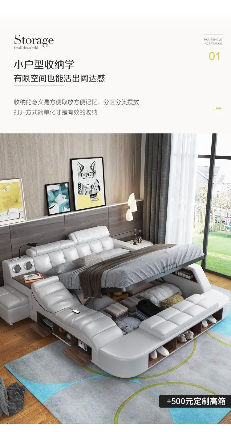 Nordic Style Double Bed Cheap Headrest Storage Full Size Double Bed Floor Massage Sleeping Letto Multifunzione Bedroom Furniture Nordic Style Double Bed Cheap Headrest Storage Full Size Double Bed Floor Massage Sleeping Letto Multifunzione Bedroom Furniture