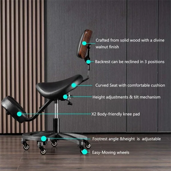 Office Ergonomic Saddle Stool Kneeling Chair With Back Support Heavy Duty Adjustable Rolling Kneel Chair for Dental Saloon Spa