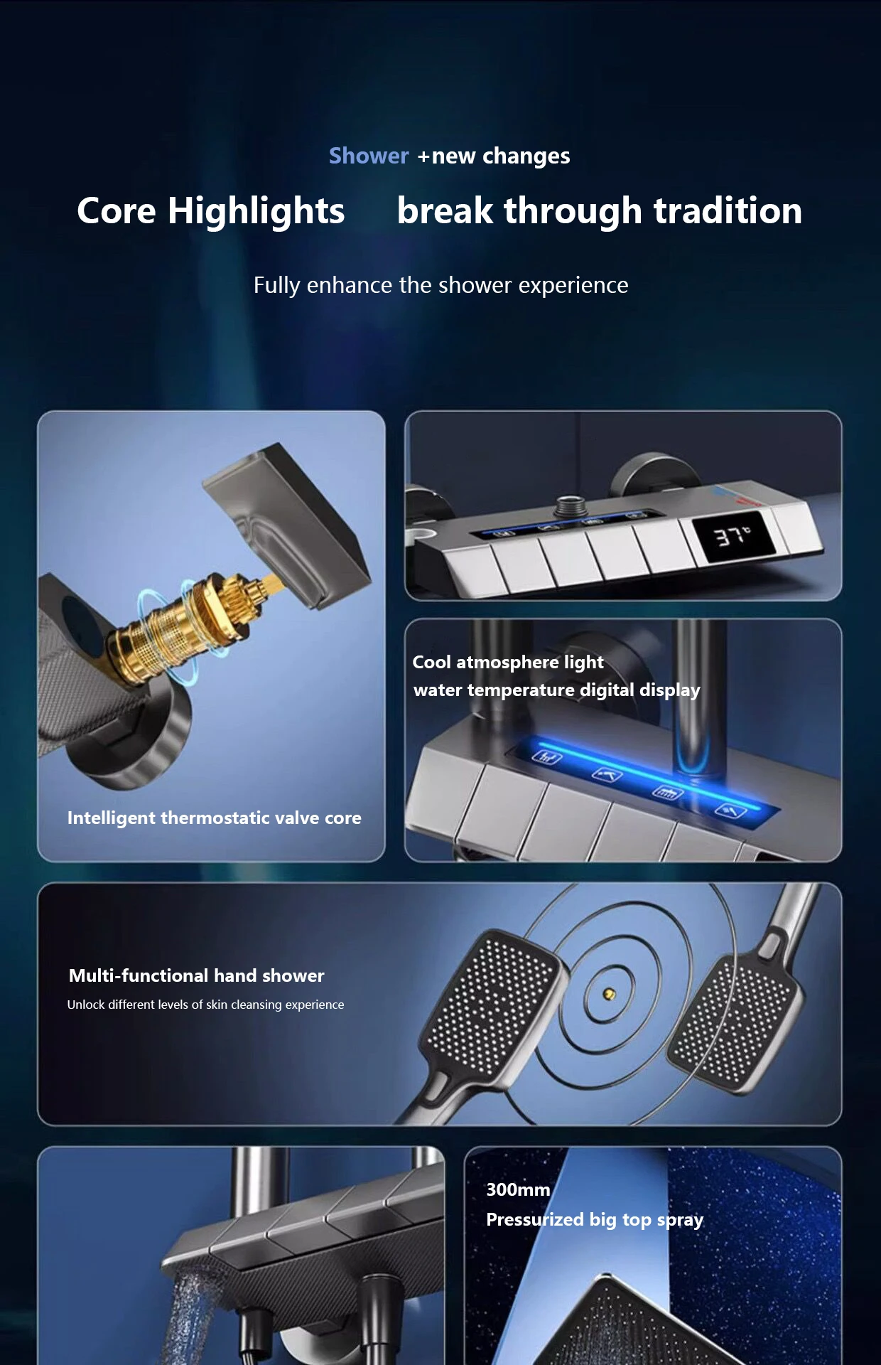 Piano Keys Bathroom Shower System Intelligent LED Temperature Display Shower Suit Bathtub Gray Rain Mixer Shower Faucet Full Set