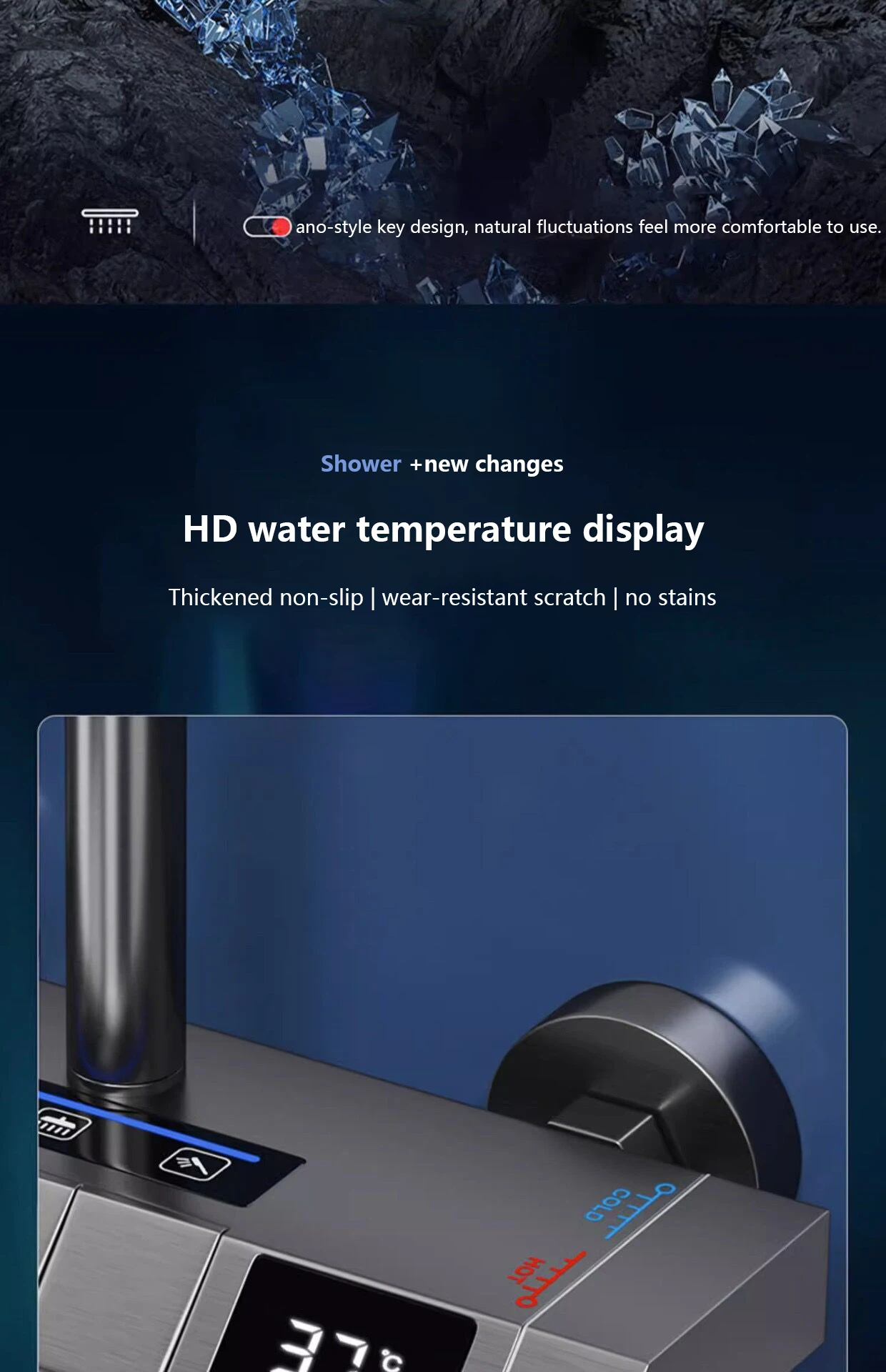 Piano Keys Bathroom Shower System Intelligent LED Temperature Display Shower Suit Bathtub Gray Rain Mixer Shower Faucet Full Set