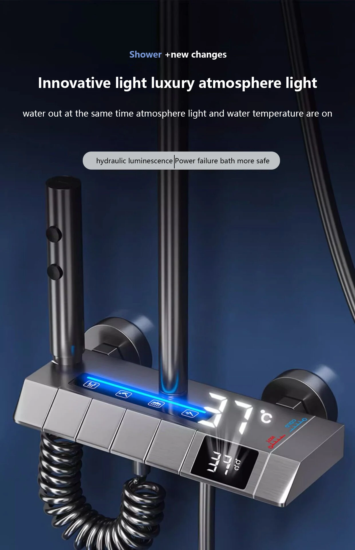 Piano Keys Bathroom Shower System Intelligent LED Temperature Display Shower Suit Bathtub Gray Rain Mixer Shower Faucet Full Set