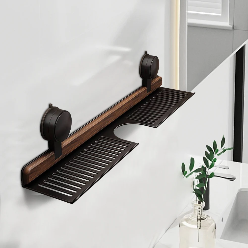 Walnut Suction Cup Bathroom Shelf No Drilling