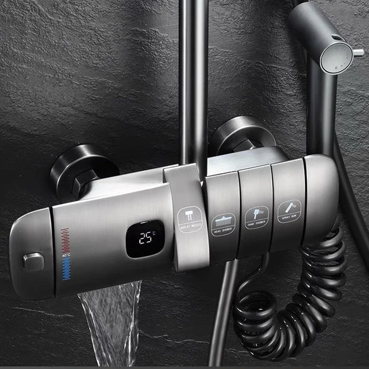 White Piano Digital Shower Set Hot Cold Bathroom Mixer Faucet Accessories Rain Shower Head Thermostatic Piano Shower System