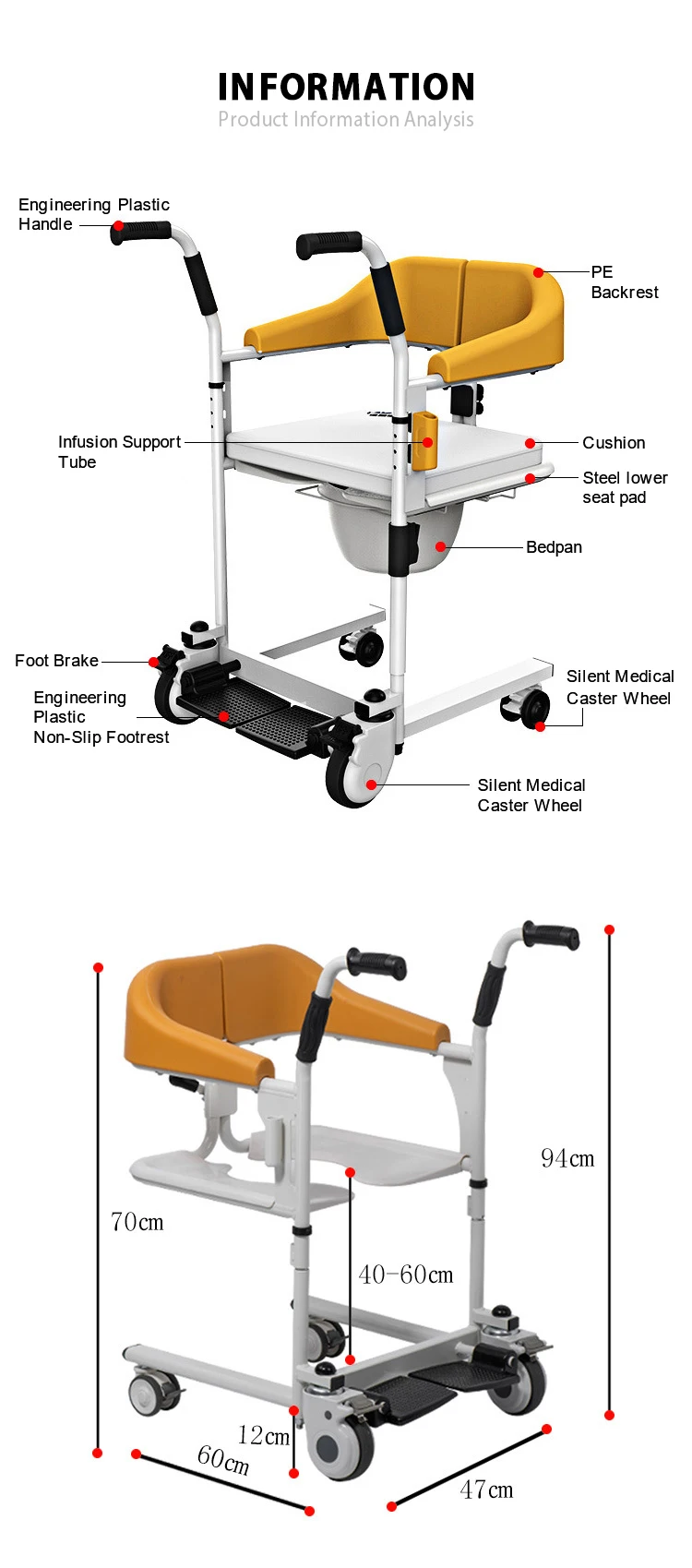 Wholesale Medical Portable Steel Hydraulic Toilet Move Elderly Patient Nursing Transfer Lift Commode Chair