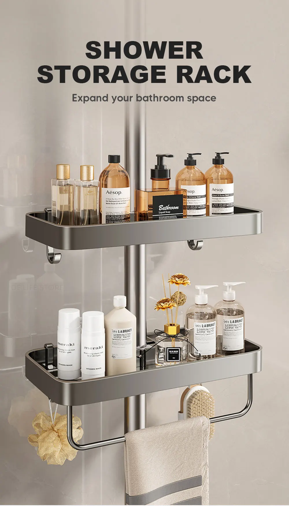 1/2PCS Punch-Free Shower Caddy With Towel Rod Bathroom Shelf Shampoo Soap Holder Shower Tray For Toilet Bathroom Organizer 1/2PCS Punch-Free Shower Caddy With Towel Rod Bathroom Shelf Shampoo Soap Holder Shower Tray For Toilet Bathroom Organizer