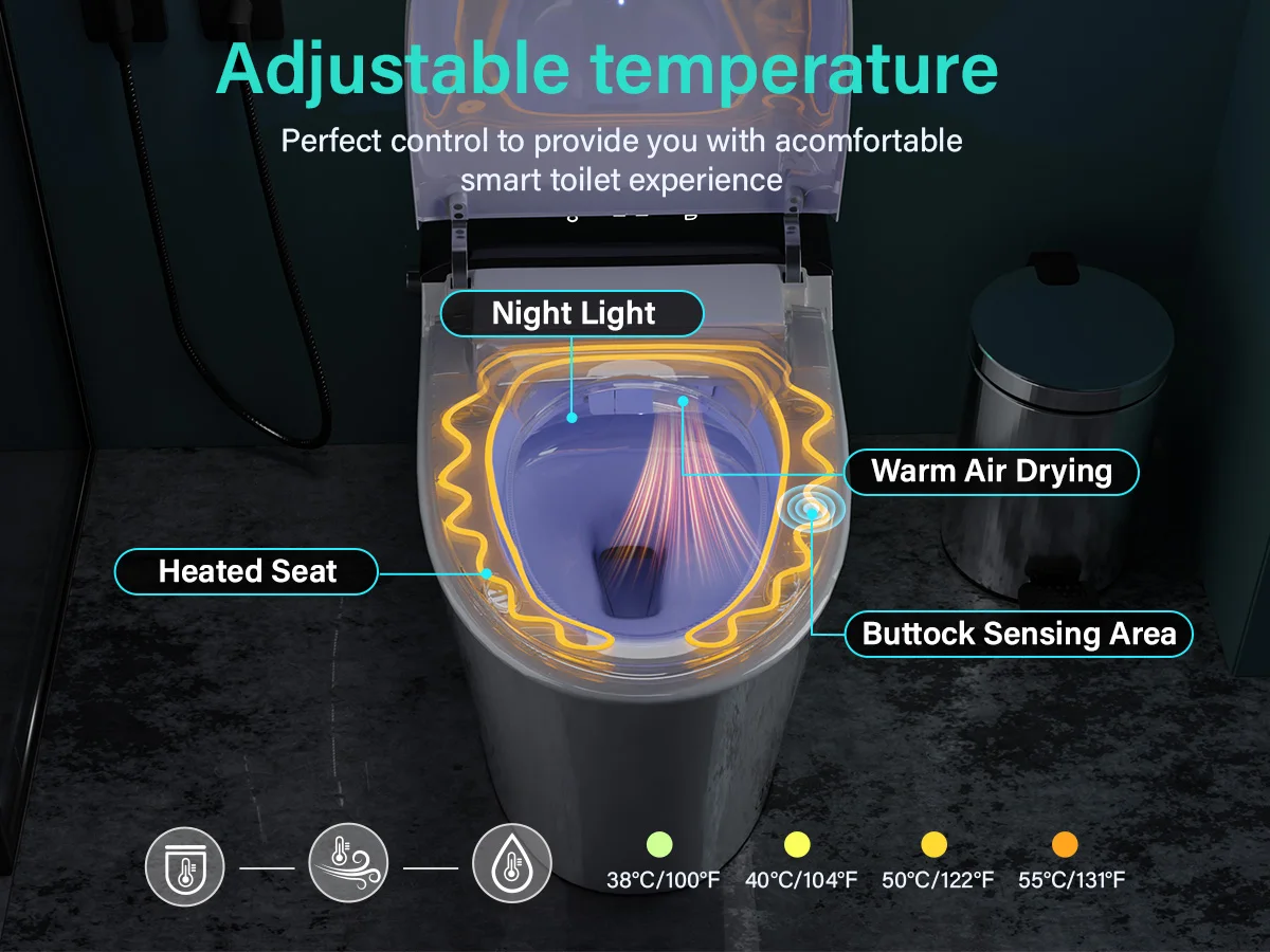 Elongated Smart Toilet with Bidet Built in, Foam Dispenser, Voice Control, One-Piece Bidet Toilet with Warm Water and Dryer Elongated Smart Toilet with Bidet Built in, Foam Dispenser, Voice Control, One-Piece Bidet Toilet with Warm Water and Dryer