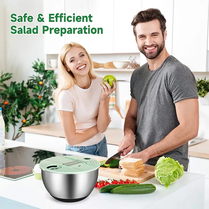 Stainless Steel Salad Spinner with Slicer Set 5 Qt Large Rotation Vegetable Washer Includes 5 Chopping Blades Slicer Drain Bowl Stainless Steel Salad Spinner with Slicer Set 5 Qt Large Rotation Vegetable Washer Includes 5 Chopping Blades Slicer Drain Bowl