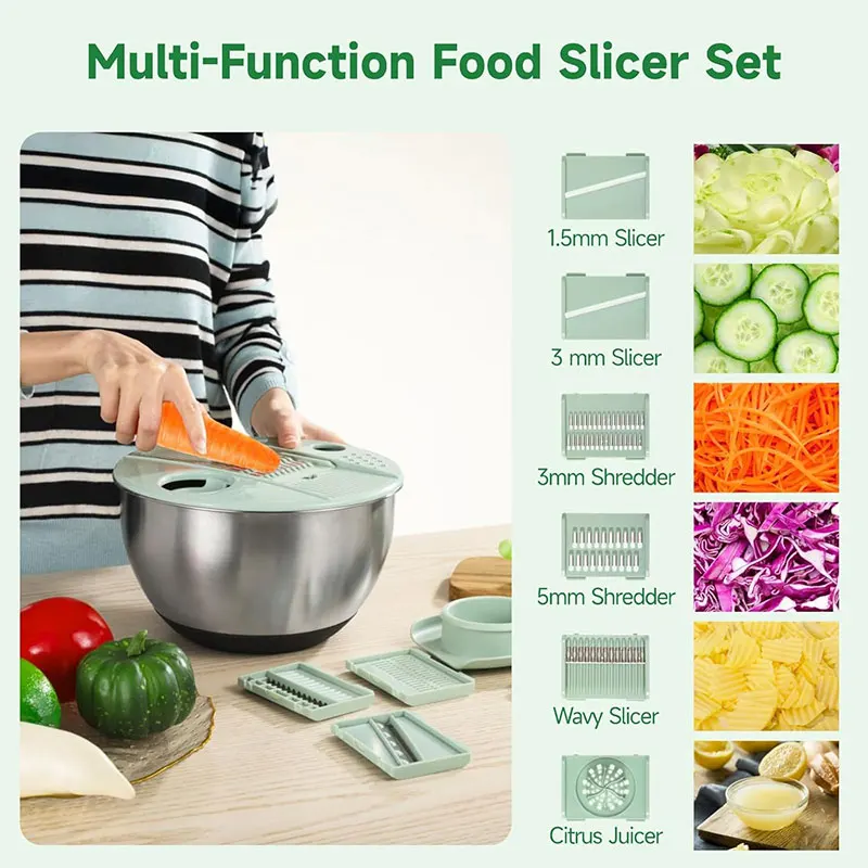 Stainless Steel Salad Spinner with Slicer Set 5 Qt Large Rotation Vegetable Washer Includes 5 Chopping Blades Slicer Drain Bowl Stainless Steel Salad Spinner with Slicer Set 5 Qt Large Rotation Vegetable Washer Includes 5 Chopping Blades Slicer Drain Bowl