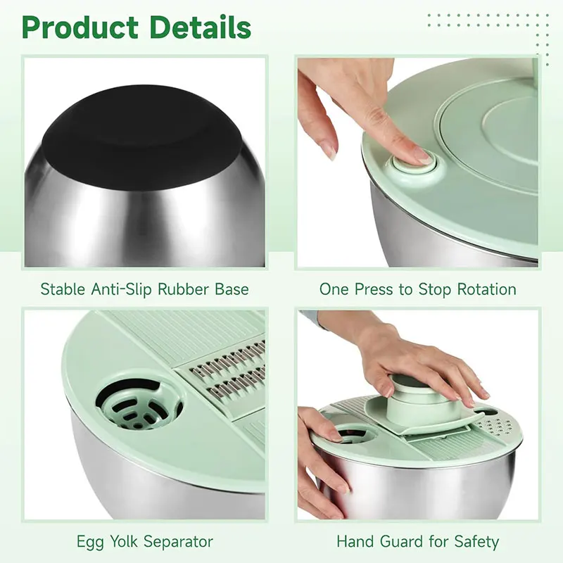 Stainless Steel Salad Spinner with Slicer Set 5 Qt Large Rotation Vegetable Washer Includes 5 Chopping Blades Slicer Drain Bowl Stainless Steel Salad Spinner with Slicer Set 5 Qt Large Rotation Vegetable Washer Includes 5 Chopping Blades Slicer Drain Bowl