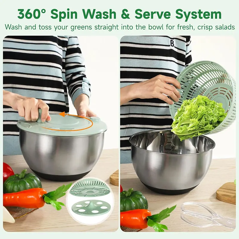 Stainless Steel Salad Spinner with Slicer Set 5 Qt Large Rotation Vegetable Washer Includes 5 Chopping Blades Slicer Drain Bowl Stainless Steel Salad Spinner with Slicer Set 5 Qt Large Rotation Vegetable Washer Includes 5 Chopping Blades Slicer Drain Bowl