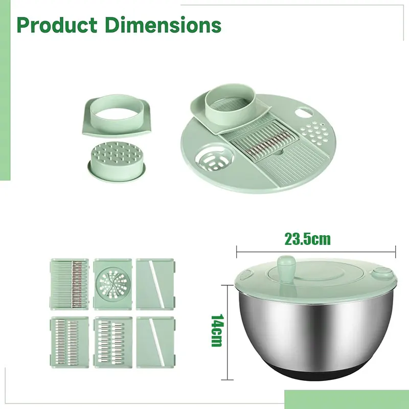 Stainless Steel Salad Spinner with Slicer Set 5 Qt Large Rotation Vegetable Washer Includes 5 Chopping Blades Slicer Drain Bowl Stainless Steel Salad Spinner with Slicer Set 5 Qt Large Rotation Vegetable Washer Includes 5 Chopping Blades Slicer Drain Bowl