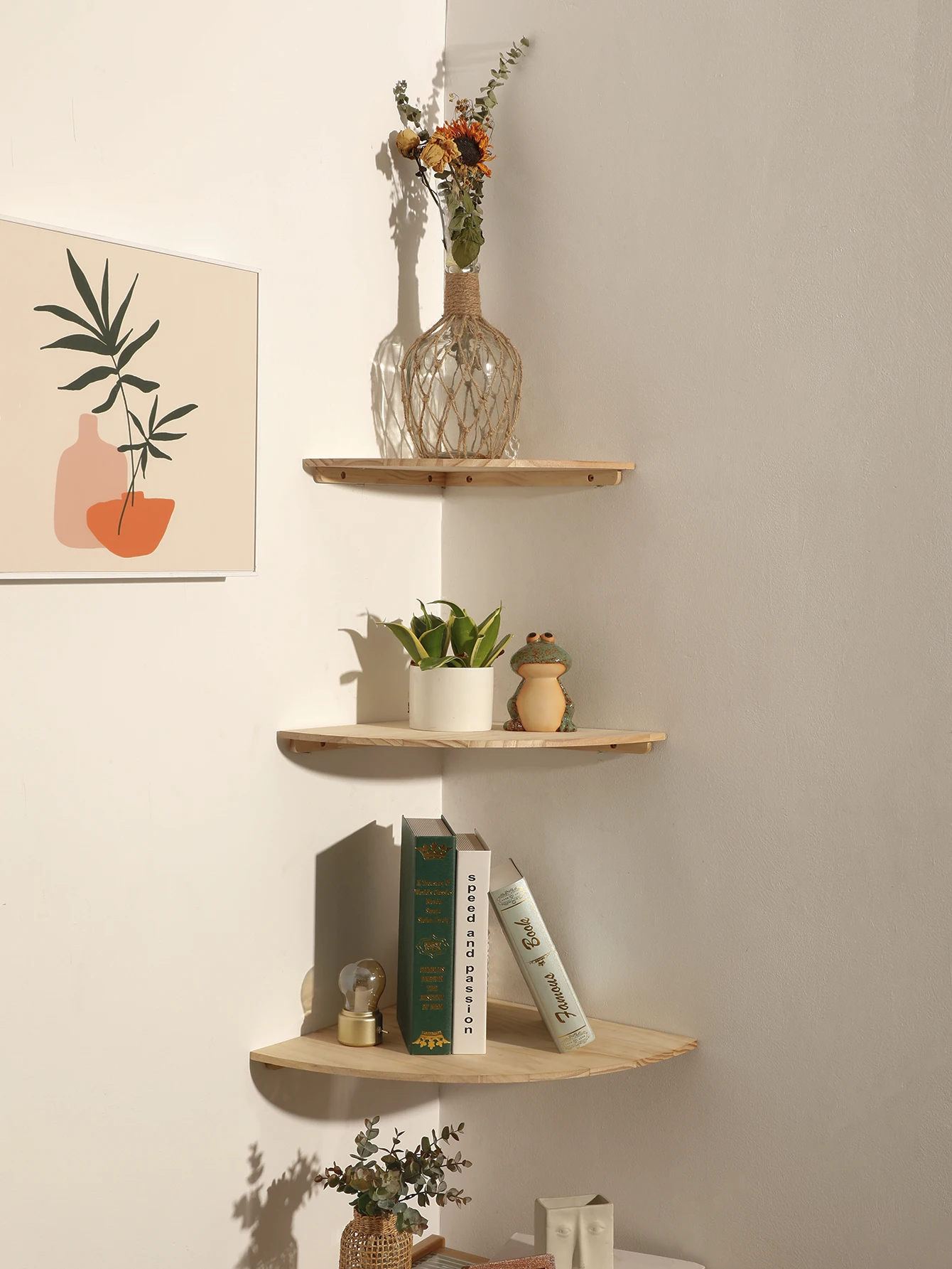 Round End Wall Mounted Floating Corner Shelf for Bedroom Living Room and Kitchen BATHROOM SHELVES Wall Corner Shelves Wood Floating Wall Shelf Round End Wall Mounted Floating Corner Shelf for Bedroom Living Room and Kitchen