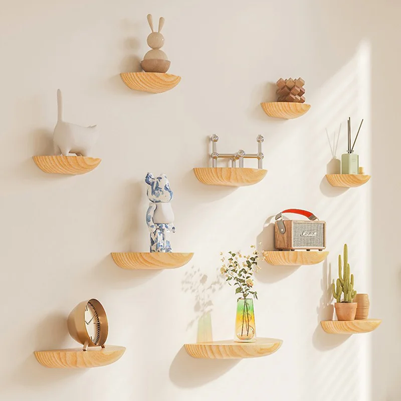 Solid Wooden Semicircle Wall Shelves BATHROOM SHELVES Solid Wooden Semicircle Wall Shelves Background Entryway Decorative Floating Organization Storage Holders Bedroom Kitchen Racks
