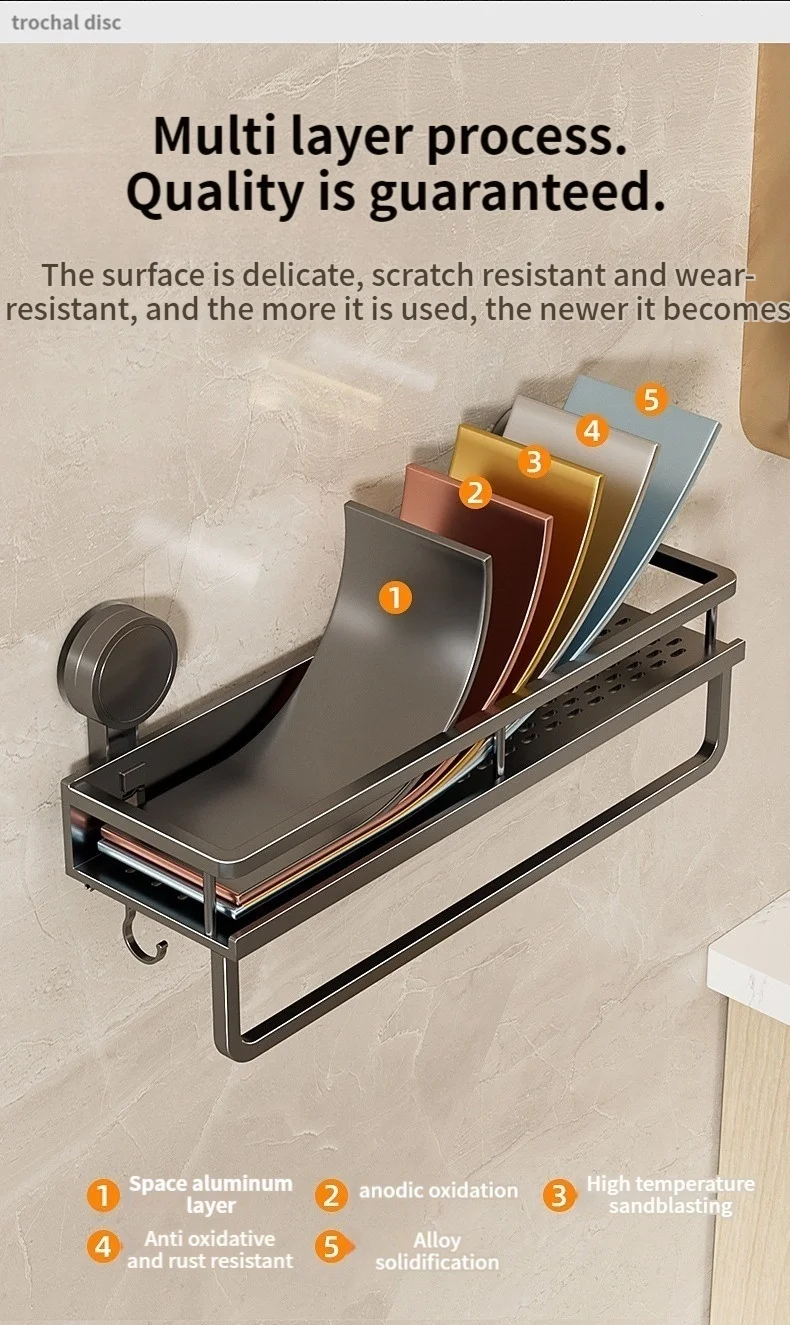 No Drill Suction Cup Suction Bathroom Rack Bathroom Shelf Toilet Space Aluminum Hanging Rack Bathroom Organizer Hang On The Wall