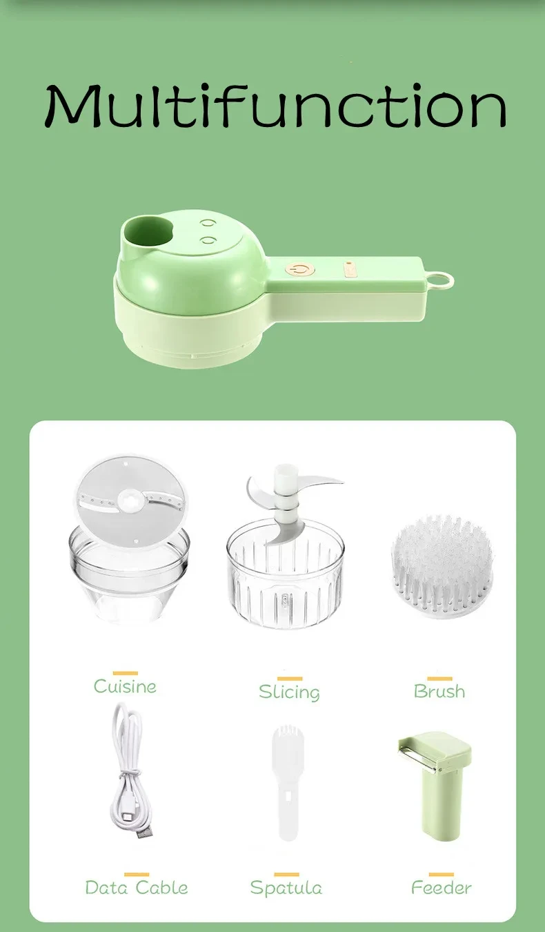 4In1 Electric Vegetable Cutter Set Handheld Wireless Electric Garlic Masher Food Chopper Meat Grinder Machine Food Peel Slice 4In1 Electric Vegetable Cutter Set Handheld Wireless Electric Garlic Masher Food Chopper Meat Grinder Machine Food Peel Slice